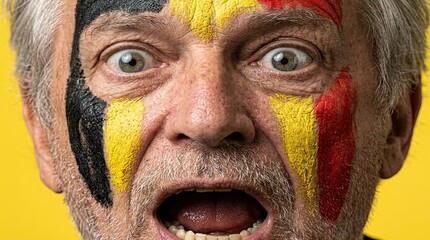 Obraz premium Elderly Man With Stunned Face Painted With Belgian Flag Colors, Excited Football Fan