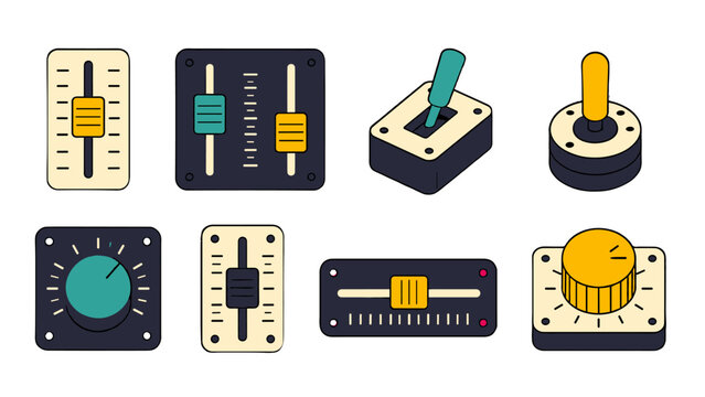 Set of audio control sliders knobs and joystick vector icons