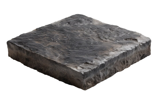 Square slab of rough dark stone, resembling flat rock or paving stone isolated on white background, Clipping Path, png