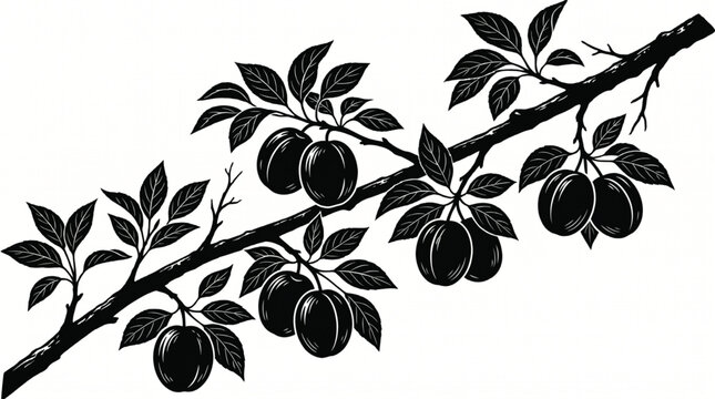 Illustration of a plum tree branch laden with ripe, dark plums and green leaves, rendered in a classic silhouette style