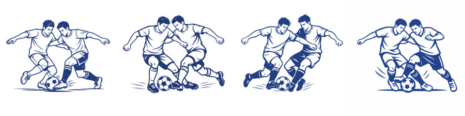 Vector line art of two players fighting for the ball on the field. Vector, illustration, minimalist, flat, icon, icon set, line art © Dan