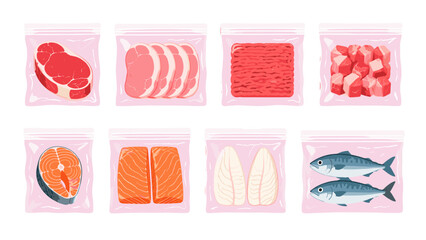 Fototapeta na wymiar Packaged meat and seafood cuts in sealed plastic bags