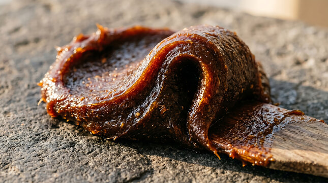 Macro shot of thick sweet fig jam being spread with a wooden spatula on a rustic grey stone surface close up texture of organic fruit paste paste dessert ingredient
