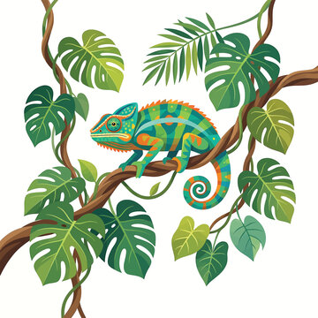Colorful chameleon on green leaves branch.