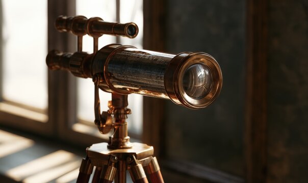 Classic brass telescope with tripod, sunlight through window