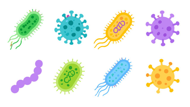 Colorful cartoon bacteria and virus microbe icon set