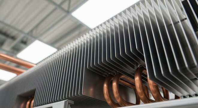 Industrial copper cooling coil with aluminum fins in a factory facility