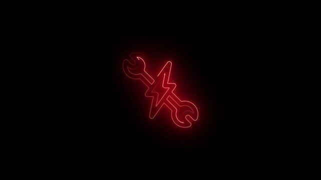 Neon glowing settings tools animation with crossed wrench and screwdriver icon on black background, repair and maintenance symbol, mechanic service, construction, engineering, and technology concept 
