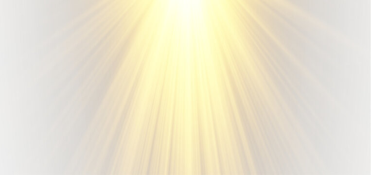 Vector transparent yellow sunlight lens flare effect with central volumetric stage light beam and radiant top rays