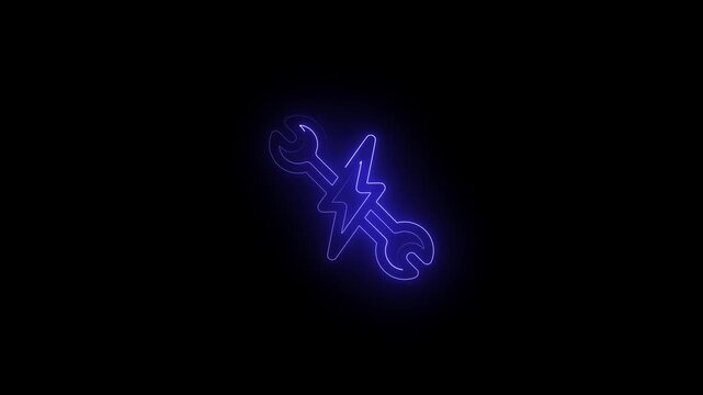 Neon glowing settings tools animation with crossed wrench and screwdriver icon on black background, repair and maintenance symbol, mechanic service, construction, engineering, and technology concept 