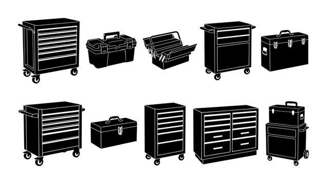 10 silhouette pack Tool Chests, Workshop Cabinets and Rolling Carts icon pack with tool chest, workshop cabinet, rolling cart, tool box, and garage in black silhouette vector