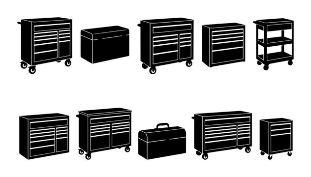 10 silhouette pack Tool Chests, Workshop Cabinets and Rolling Carts icon pack with tool chest, workshop cabinet, rolling cart, tool box, and garage in black silhouette vector