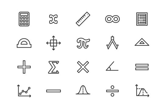 Mathematics and geometry line icons set. School education, science formulas, and algebra outline symbols collection.
