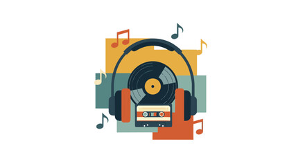 Naklejka premium A colorful retro record player wearing headphones with music notes around it illustrating sound and playback