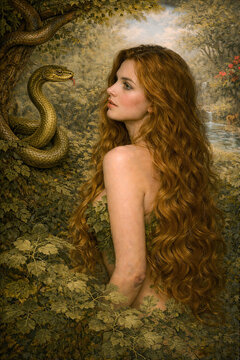 Eve with luxurious red hair in the Garden of Eden with a serpent on a tree in the style of classical oil painting