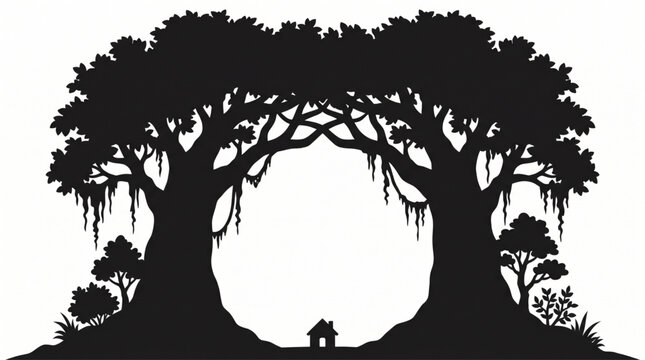 Abstract silhouette of an enchanted forest archway, formed by two ancient trees with draping vines, sheltering a tiny, peaceful dwelling