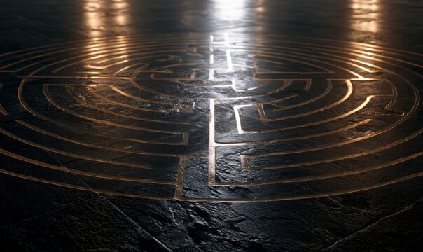 Stone maze illuminated by warm overhead lighting