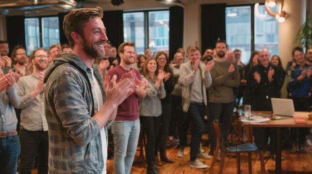 Happy man standing in front of a cheering crowd of colleagues at a casual office meeting and clapping his hands while celebrating a successful team project achievement together