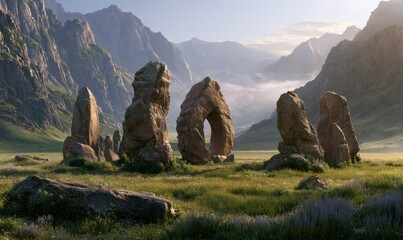 Naklejka premium Majestic rock formations stand in open field