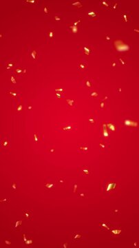 gold metallic confetti rain on red background animation, lens blur golden birthday party celebration and sale vertical social media motion design element
