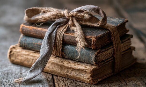 Old books tied with coarse rope ribbon