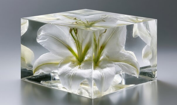 Lily flower preserved inside glass block, elegant white petals, clean design