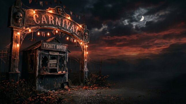 Abandoned carnival entrance at dusk with eerie lighting and overcast sky