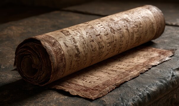 An old rolled-up scroll rests on weathered stone
