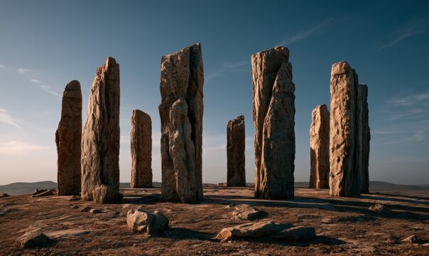 Sunlight bathes massive stone pillars in warm hues