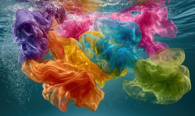 Obraz premium Floating colorful cloth pieces in water, vibrant and dynamic