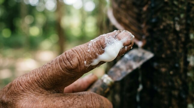 Macro Close-Up of Fresh White Jelutung Latex on Tapper's Finger During Traditional Tree Tapping
