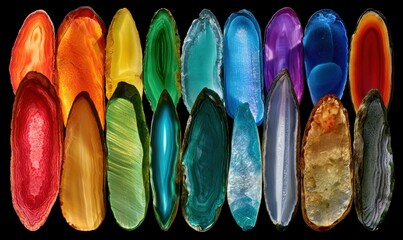 Obraz premium Polished agate specimens showcase vibrant colors in a spectrum layout