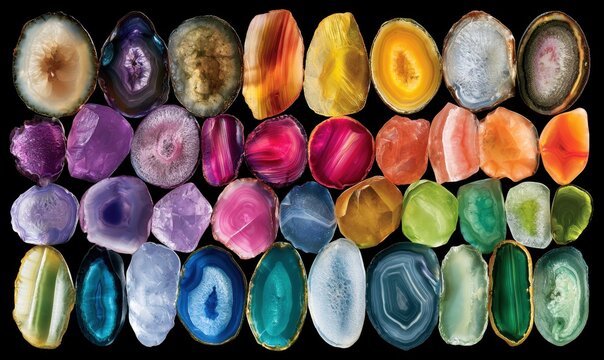 Vibrant geode cross-sections in rainbow tones