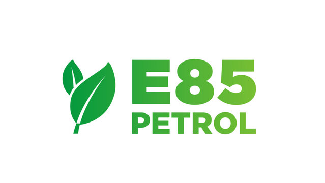 E85 Petrol Sign Design. Eighty Five Ethanol Petrol Fuel Label With Green Leaf Graphic Icon. 