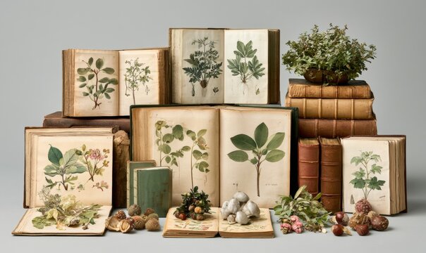 Classic botanical collection featuring pressed flora, old books