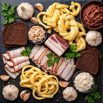  traditional Eastern European style charcuterie spread over a dark textured slate table. Highlight: Ukrainian Salo and Smoked Sulguni cheese strings. Elements: Thinly sliced cured 