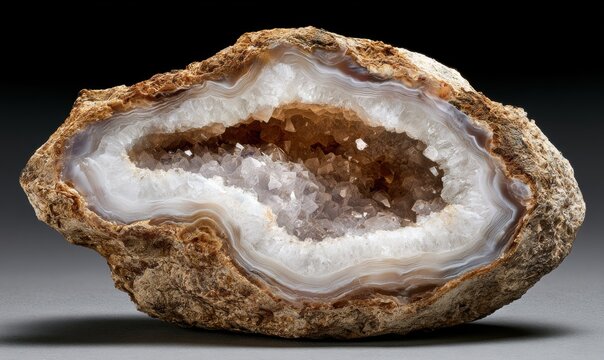 Close-up of a split geode revealing sparkling white crystals inside