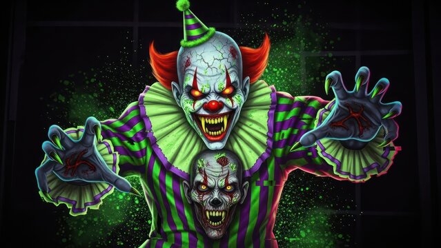 Creepy carnival nightmare, a menacing clown with glowing eyes and jagged smile brings the horror