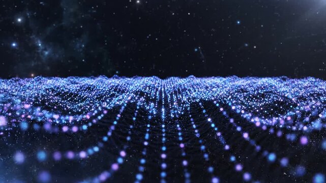 Abstract digital wave pattern of glowing blue and purple particles against a dark starry cosmic background, representing data flow or futuristic technology.