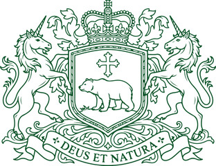 Coat of arms with unicorn supporters bear and cross on shield with crown and motto deus et natura. © Sadhin