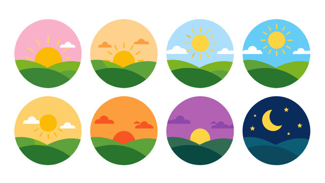 Set of circular landscape icons with sunrises, sunsets, and night