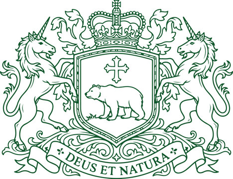 Coat of arms with unicorn supporters bear and cross on shield with crown and motto deus et natura.