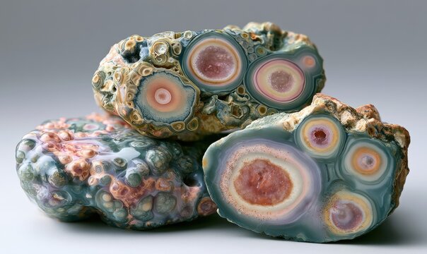 Geological specimen with polished cross-sections showing layered mineral bands
