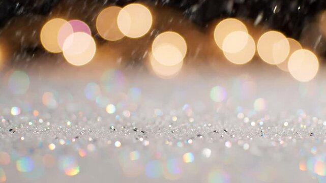 Extreme close up of sparkling crystals and iridescent glitter with soft bokeh.