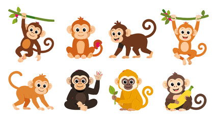 Fototapeta premium Set of cute cartoon monkeys in different playful poses
