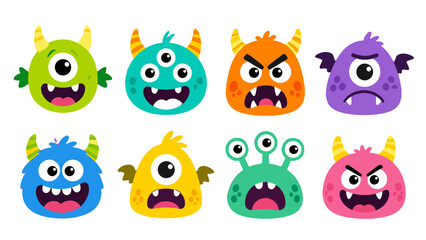 Set of colorful cartoon monster faces with different expressions © icon_art