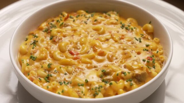 Top-down view of freshly baked macaroni and cheese spinning slowly on a white plate, fa01