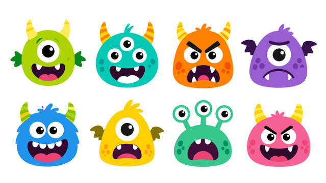 Set of colorful cartoon monster faces with different expressions