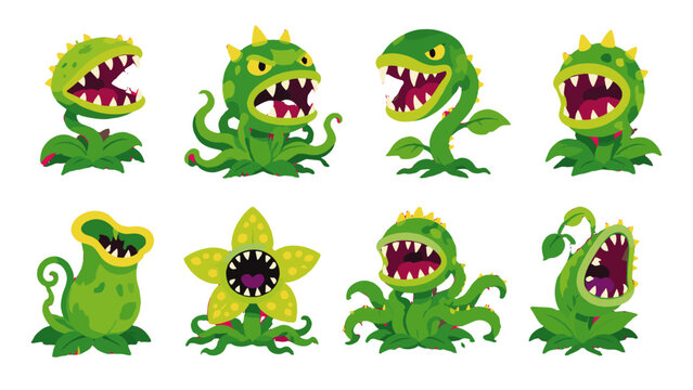Set of cartoon carnivorous monster plants in green vector style