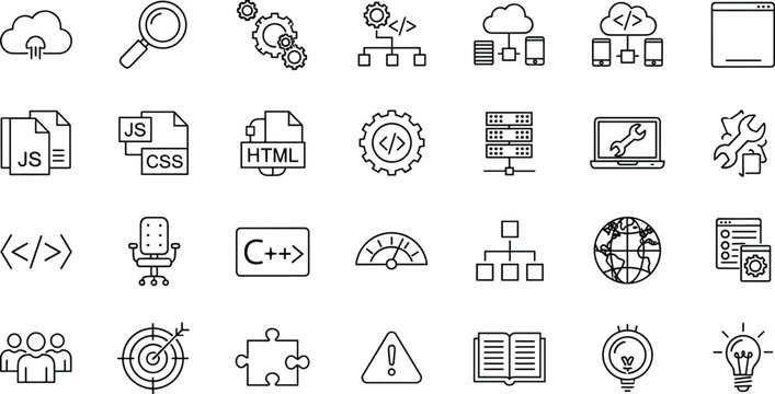 Software development icon illustrations with coding cloud gears and JS CSS HTML designs, decorative artwork vector element for programming, web, and technology design